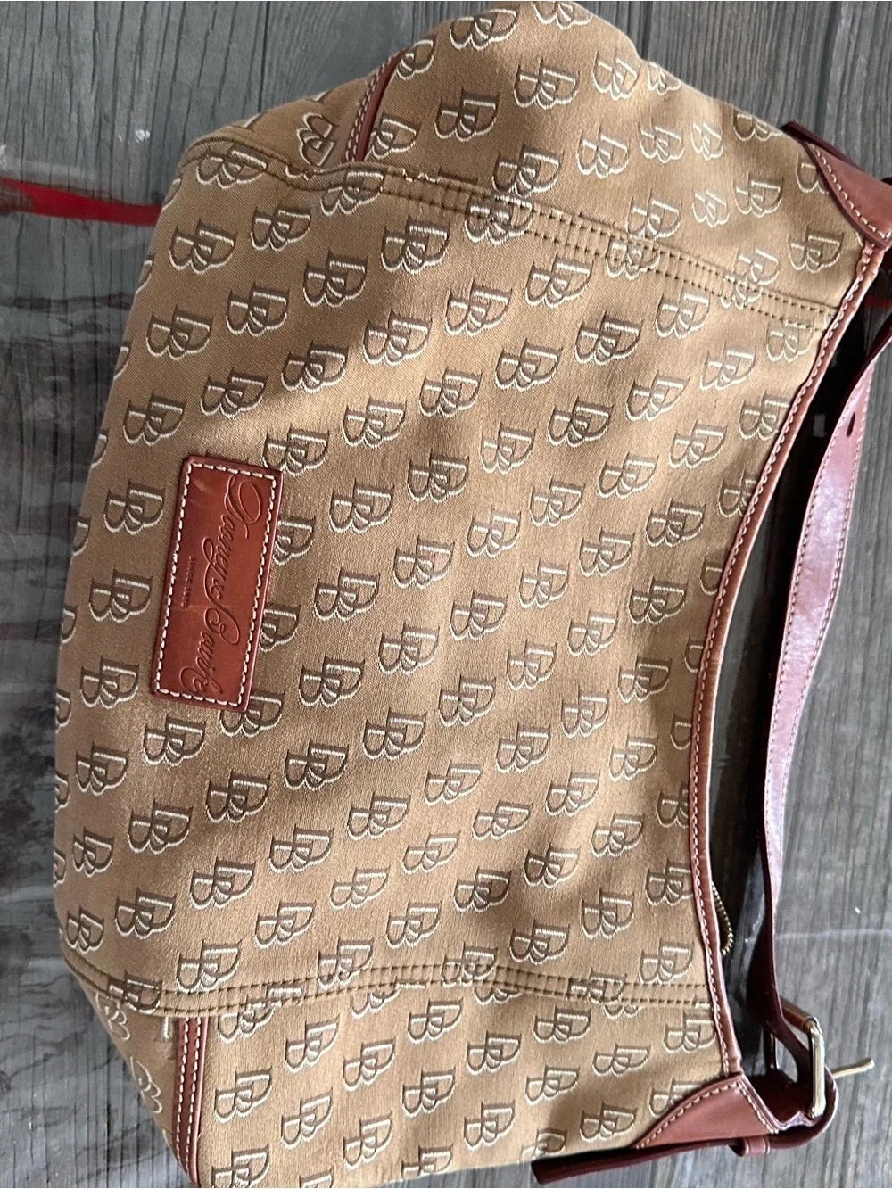 Dooney & Bourke Tan Monogram Hobo with Brown Leather Trim